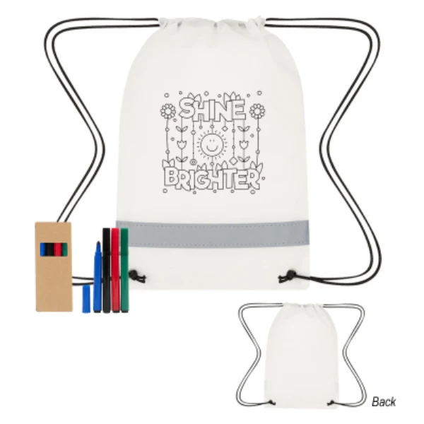 Lil' Bit Reflective Non-Woven Coloring Drawstring Bag With 4 Piece Washable Marker Set