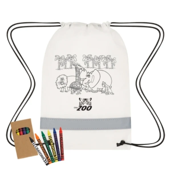 Lil' Bit Reflective Non-Woven Coloring Drawstring Bag With Crayons